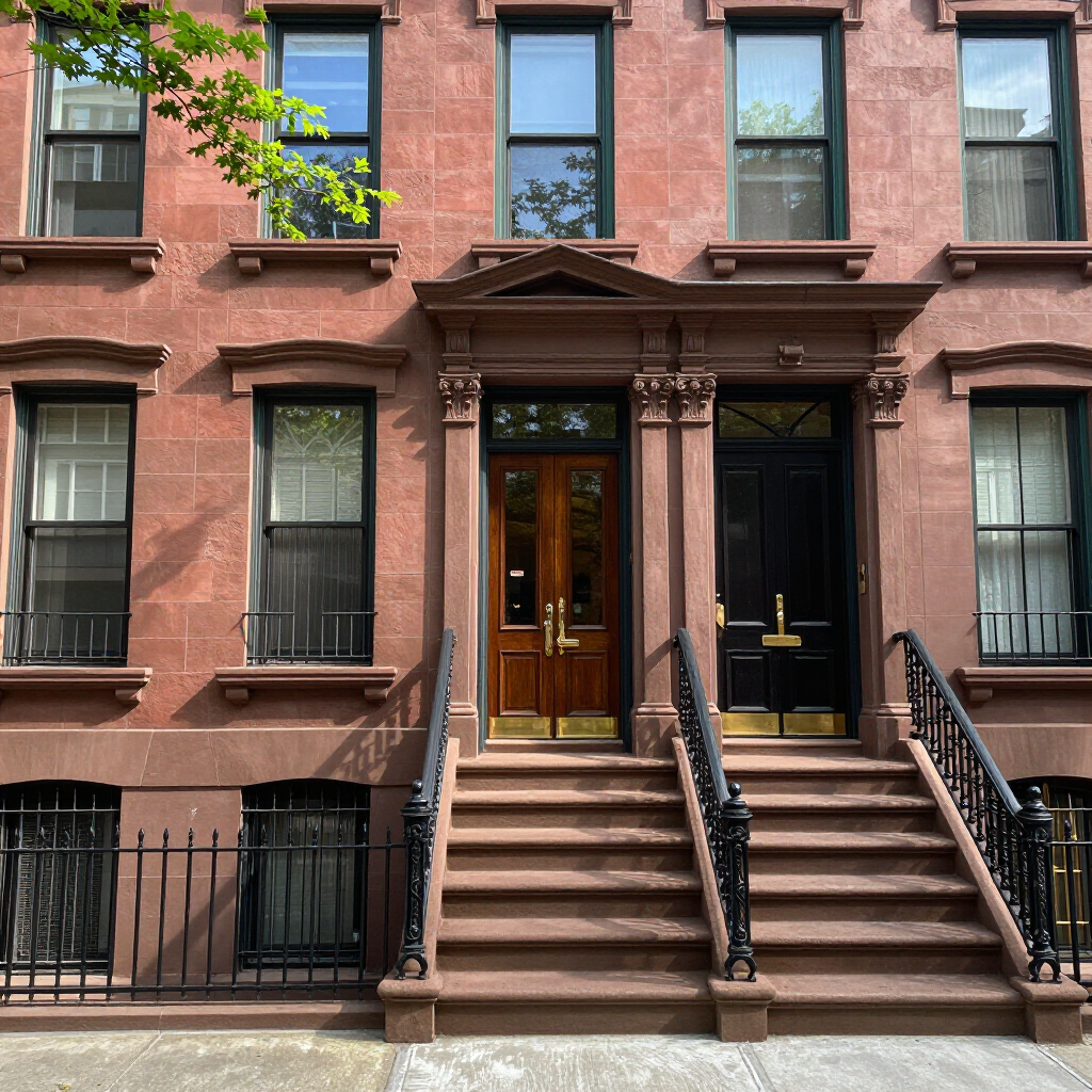 Brownstone townhouse facade with brown steps, black railings, and wooden doors on a sunny street