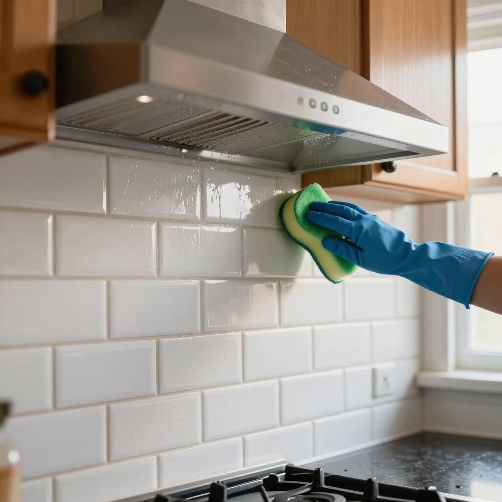 Blue-gloved hand cleaning white tile kitchen backsplash under a stainless steel range hood