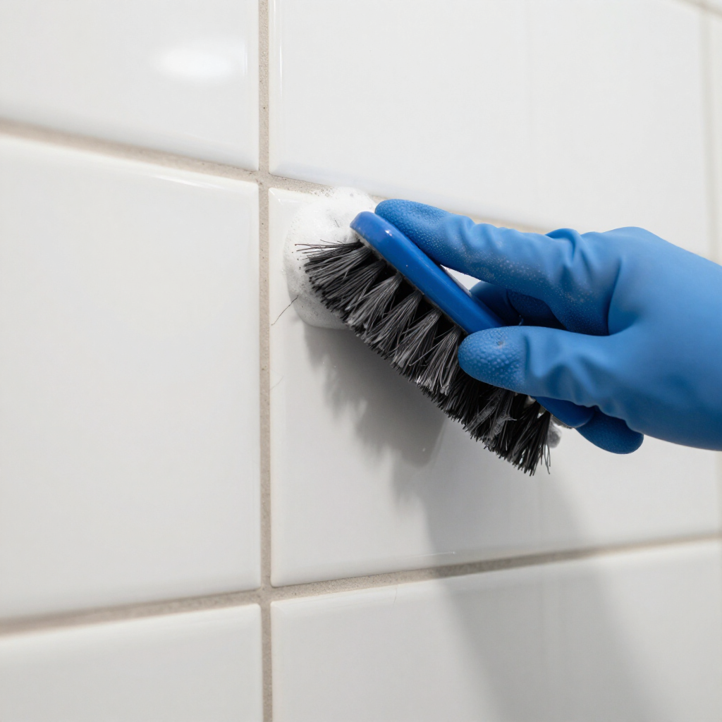 Blue-gloved hand scrubbing white bathroom tiles with a small brush