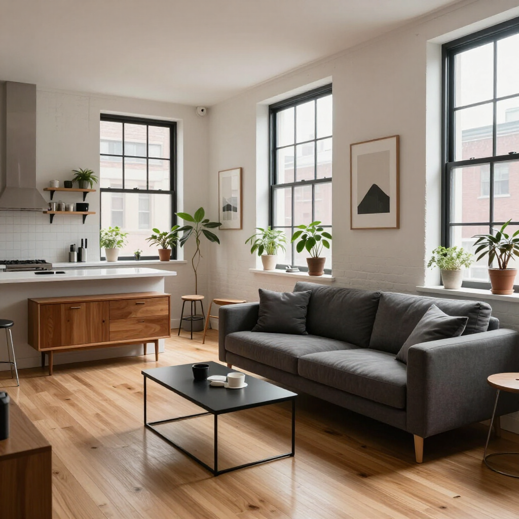 Modern open-plan living room with gray sofa, black coffee table, wood floors, and large windows letting in natural light