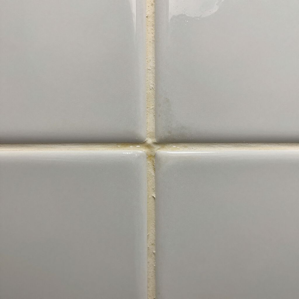 Close-up of light gray ceramic tiles with white grout lines and slight discoloration at the intersection