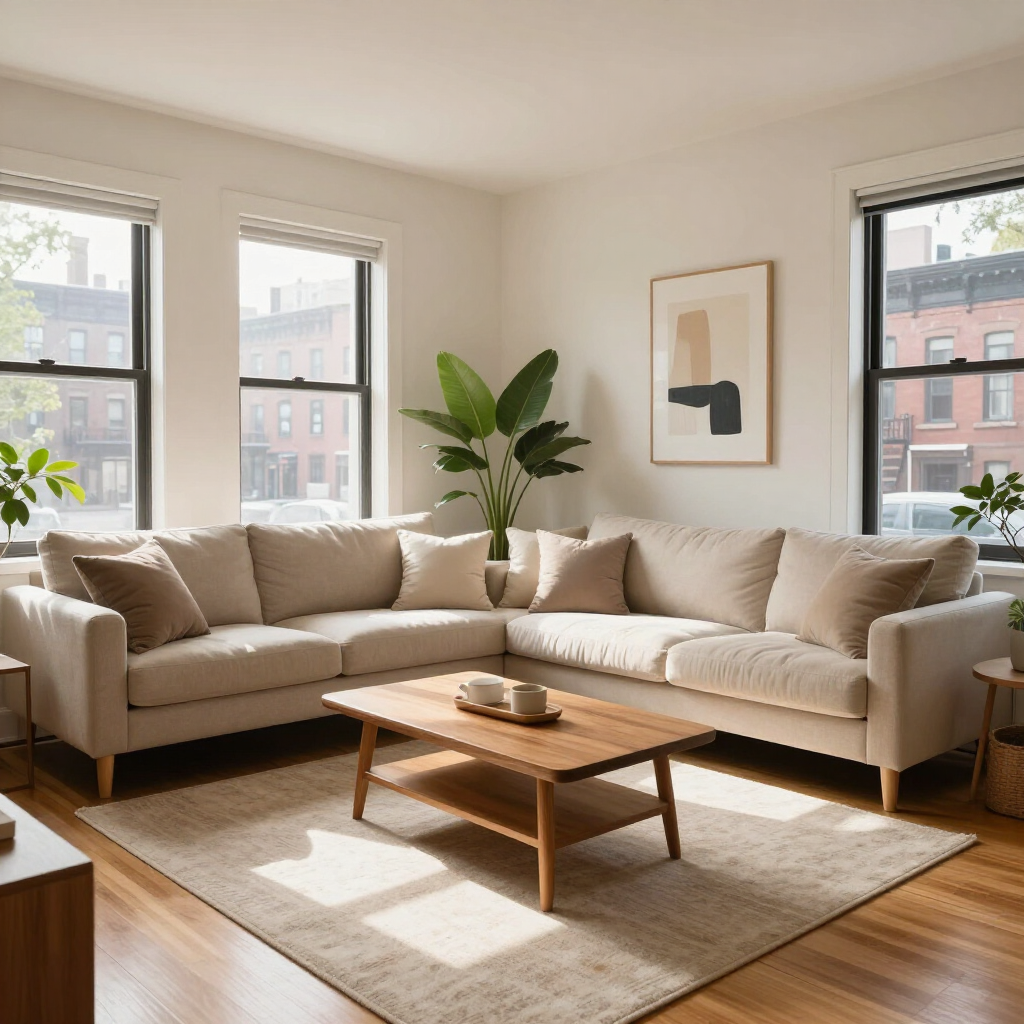 Bright living room with beige sectional, wooden coffee table, potted plant, and large windows.