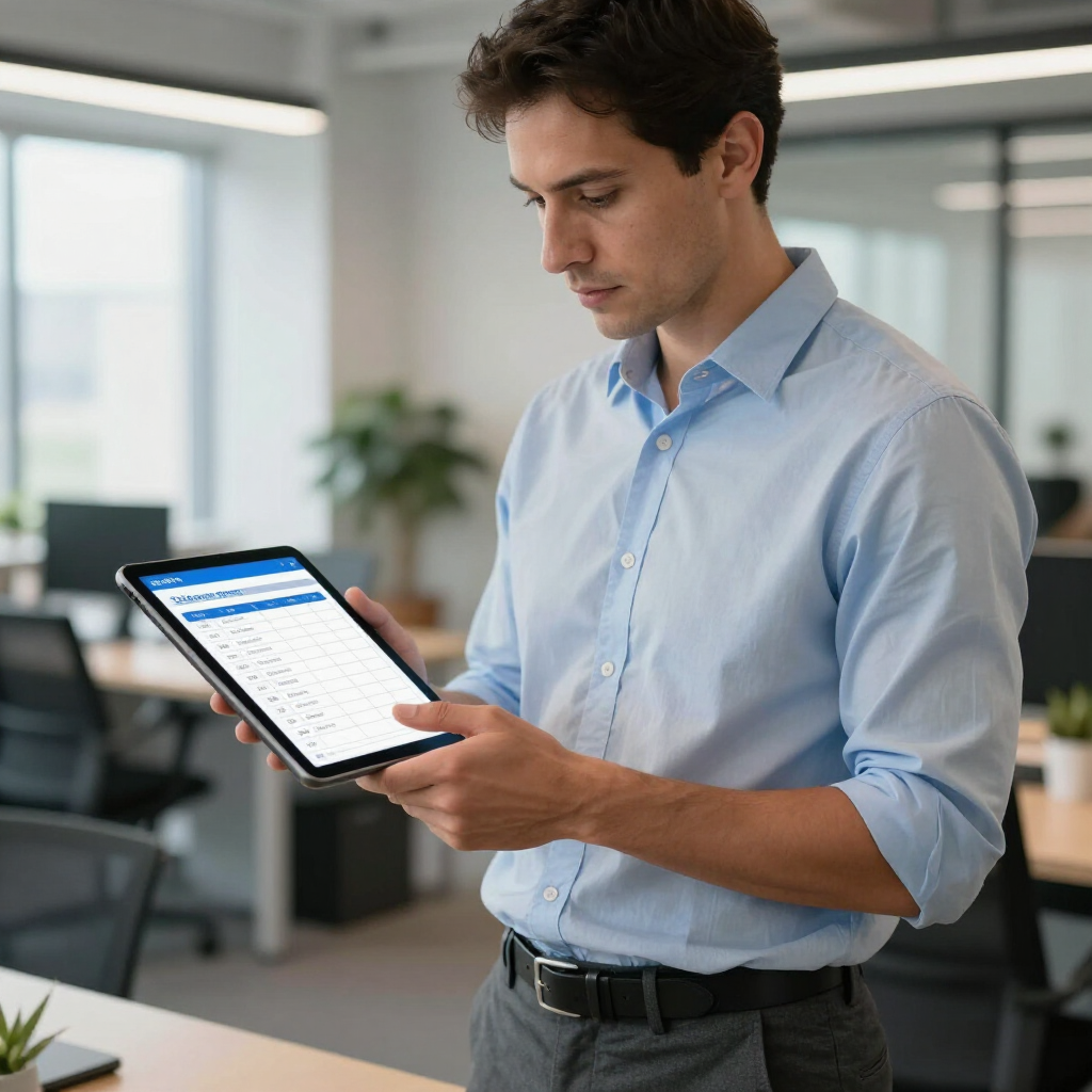 Man in a light blue shirt using a tablet in a modern office