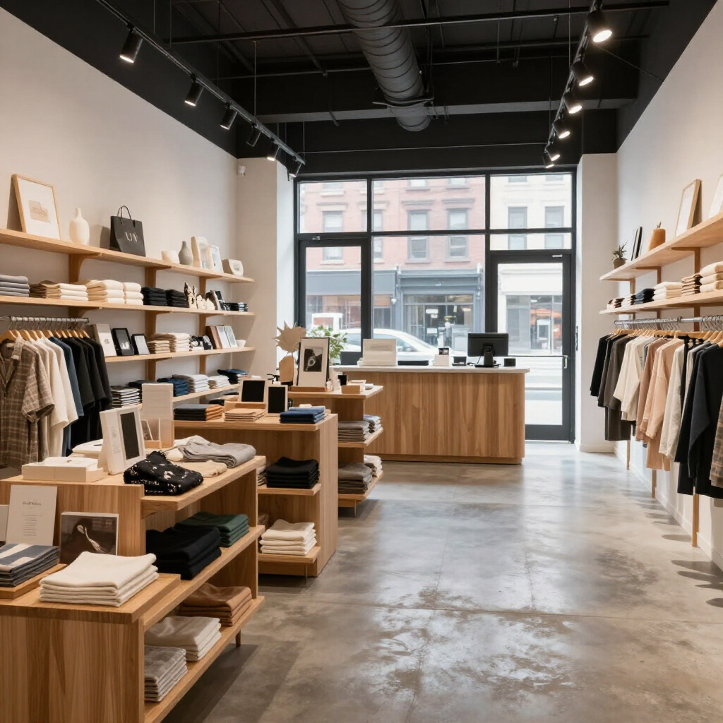 Modern clothing boutique interior with wooden shelves, folded apparel, and a front counter by large windows