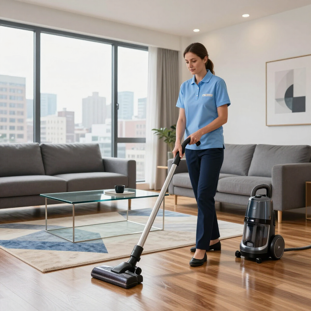 Person vacuuming a modern living room with a canister vacuum on hardwood floors
