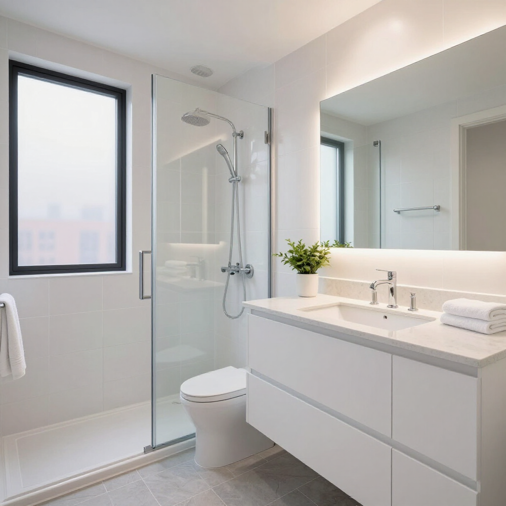 Bright modern bathroom with walk-in shower, wall mirror, white vanity, and toilet