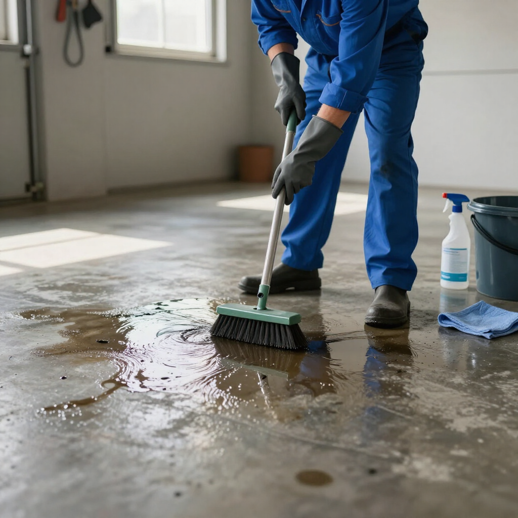 Person in blue coveralls mopping a wet floor in a garage, with cleaning supplies nearby
