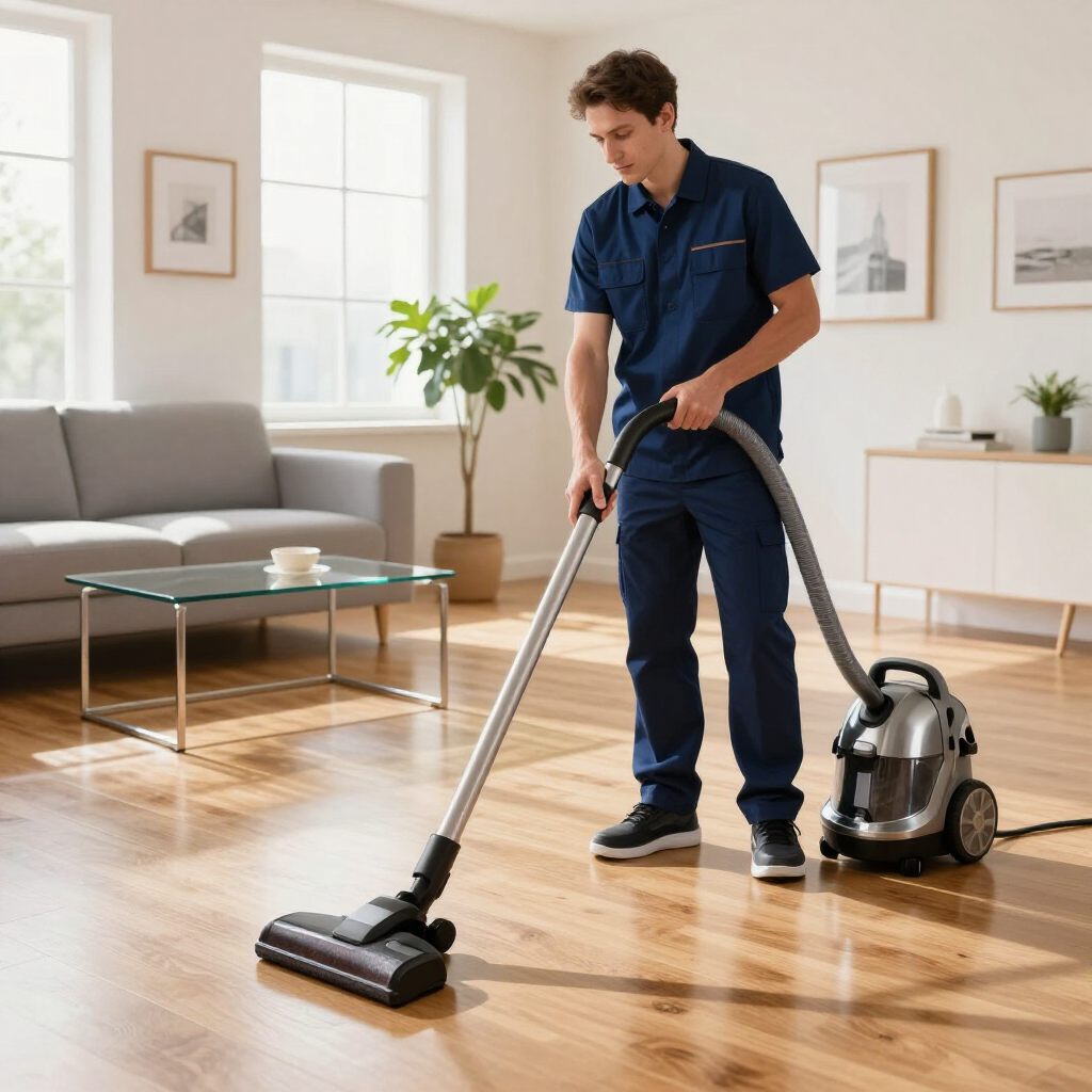 Vacuuming a bright living room with a canister vacuum and hardwood floors