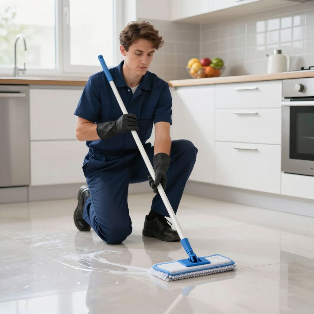 Cleaner mopping a bright kitchen floor with a blue mop and bucket nearby
