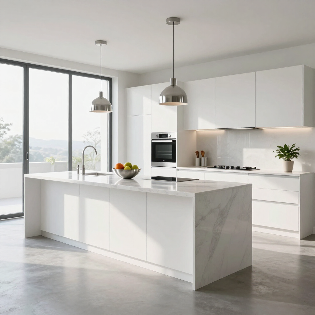 Modern white kitchen with marble island, pendant lights, and large windows overlooking a bright view