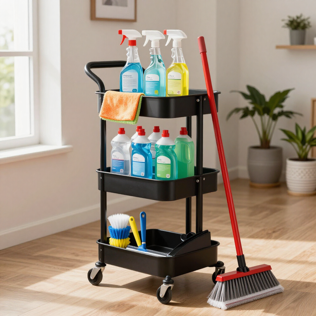 Cleaning cart with spray bottles, cloths, and a red mop in a bright room with wooden floor