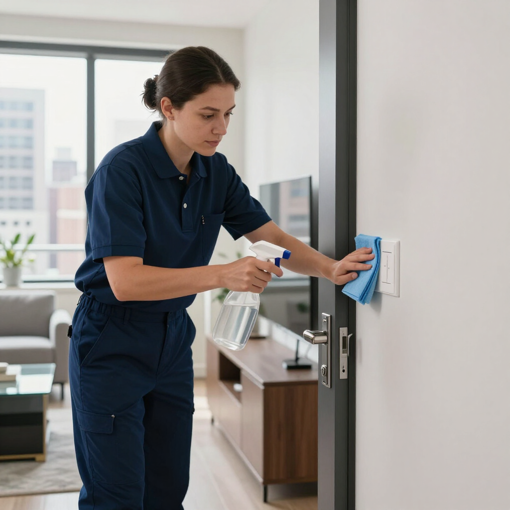 Cleaner spraying disinfectant while wiping a wall switch in a modern office