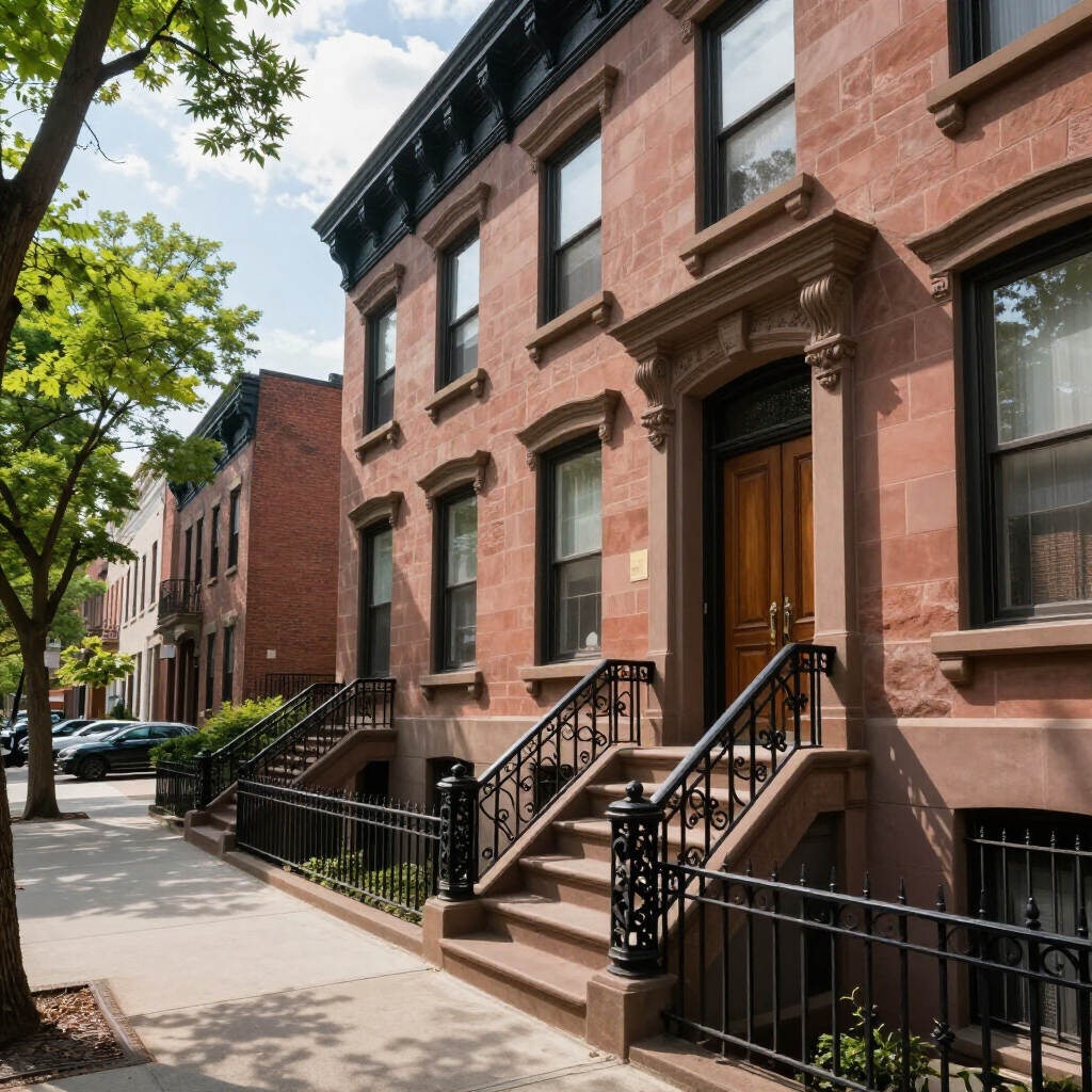 Tree-lined sidewalk beside brownstone row houses with stoops and black railings on a sunny day