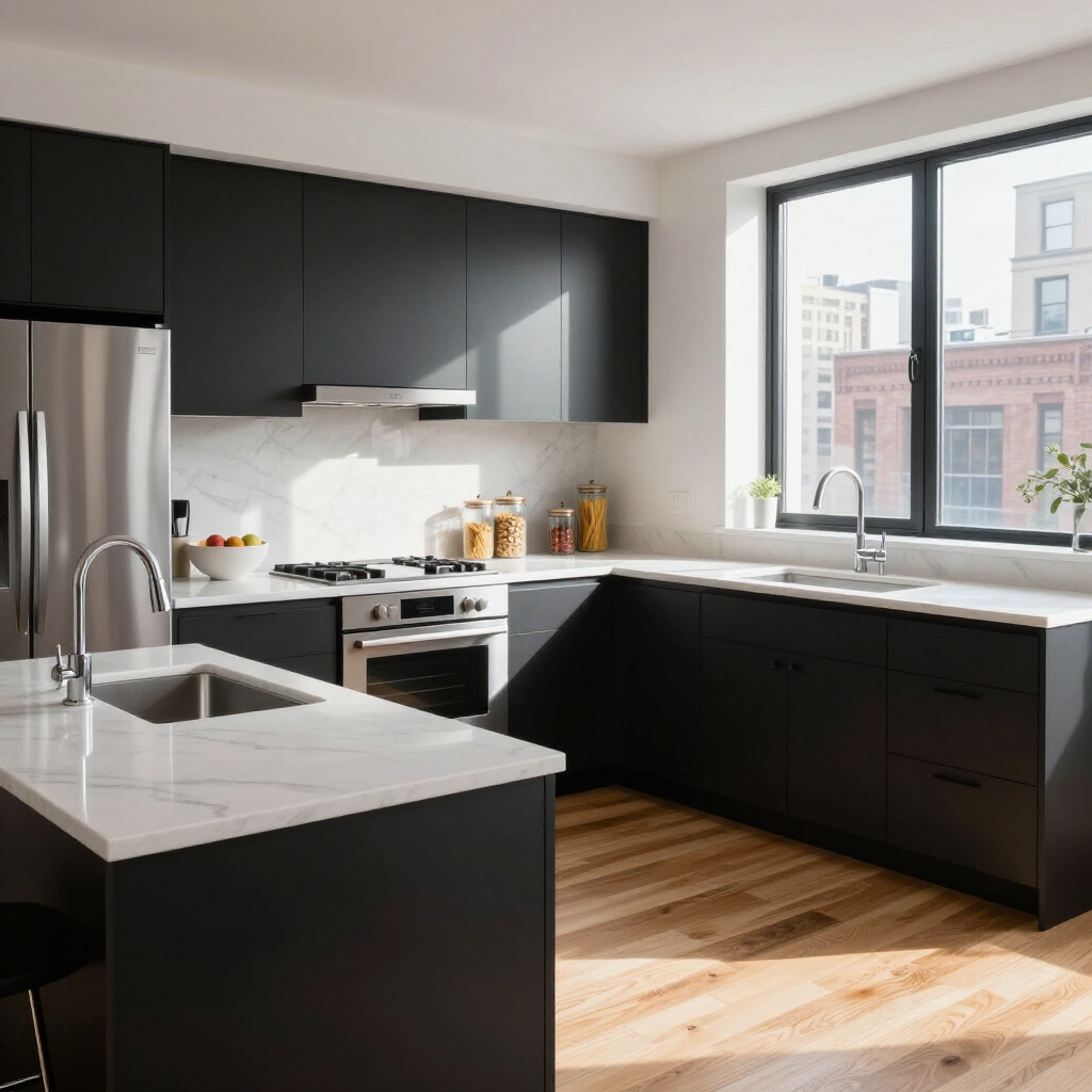 Modern kitchen with black cabinets, white countertops, stainless appliances, and wood floors