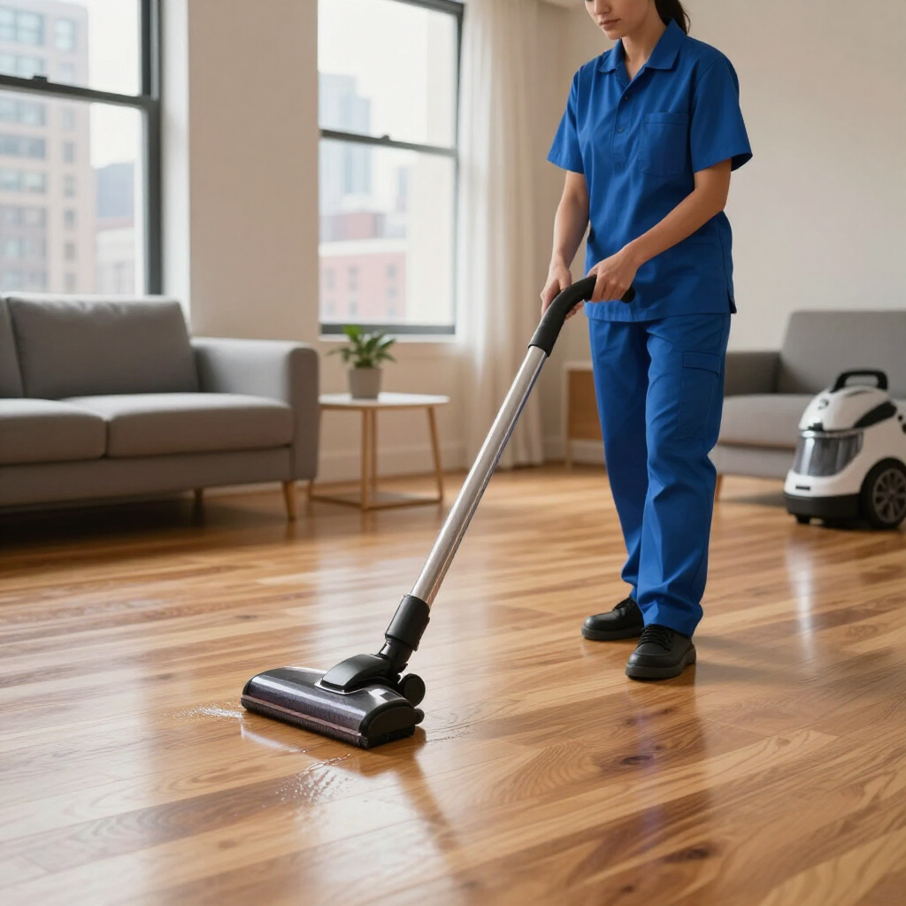 Person vacuuming a hardwood floor in a bright living room, with a couch and robot vacuum nearby