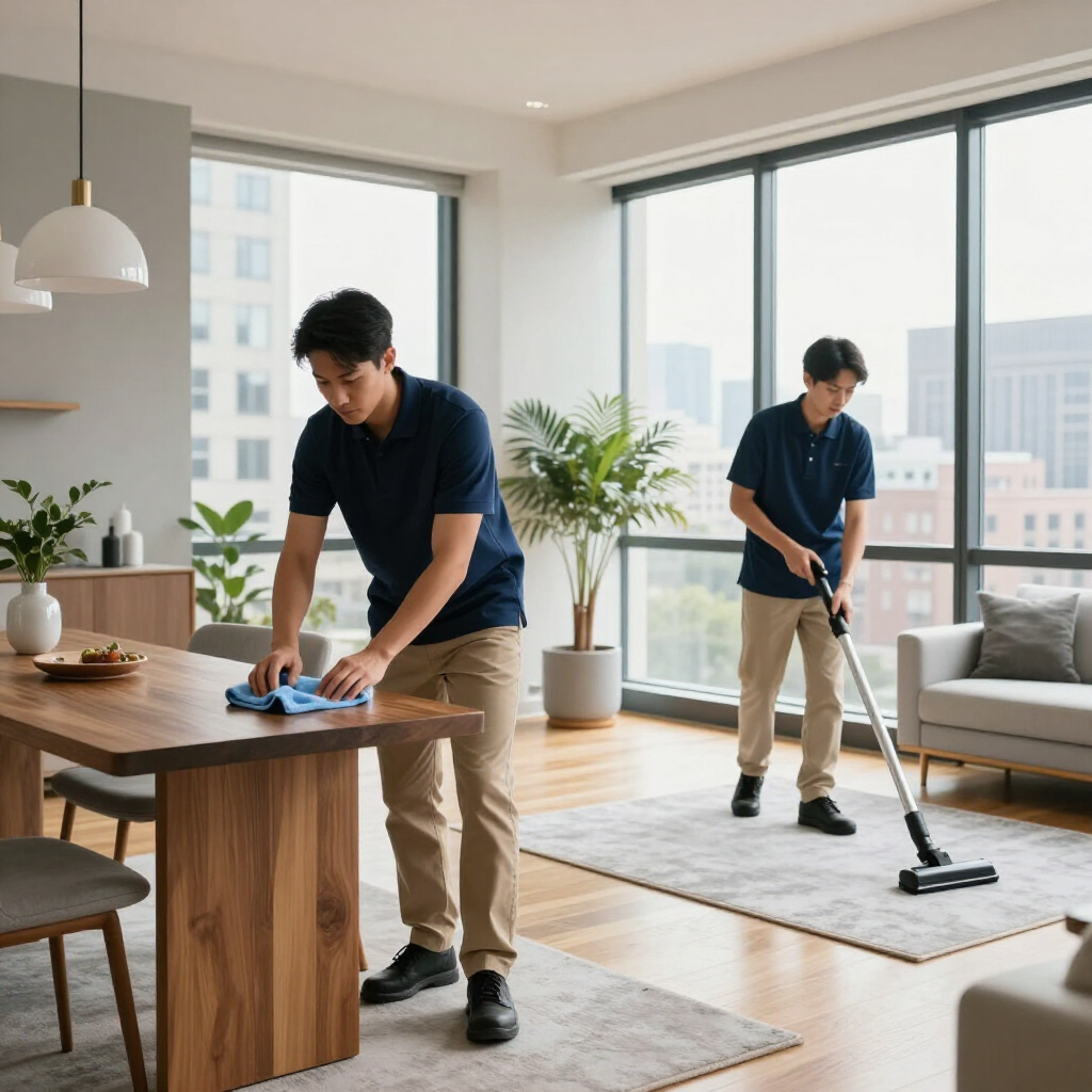 Two people cleaning a bright living room, one wiping a table and one vacuuming near large windows