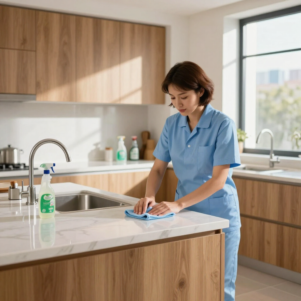 Person in a blue uniform wiping a kitchen counter in a bright modern kitchen