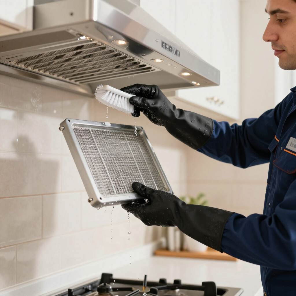 Technician cleaning a kitchen range hood filter over a stove in a tiled kitchen