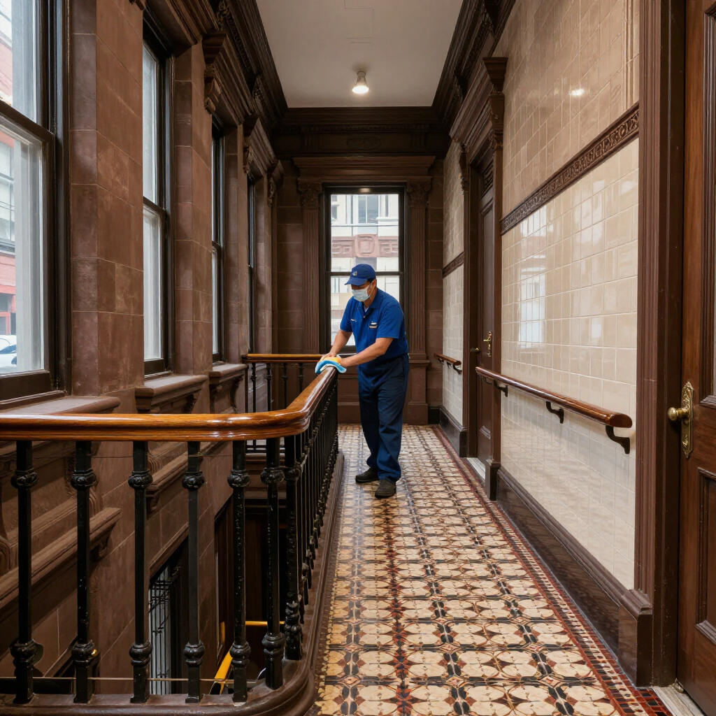 Worker cleaning a historic hallway with patterned tile floor and wooden railing