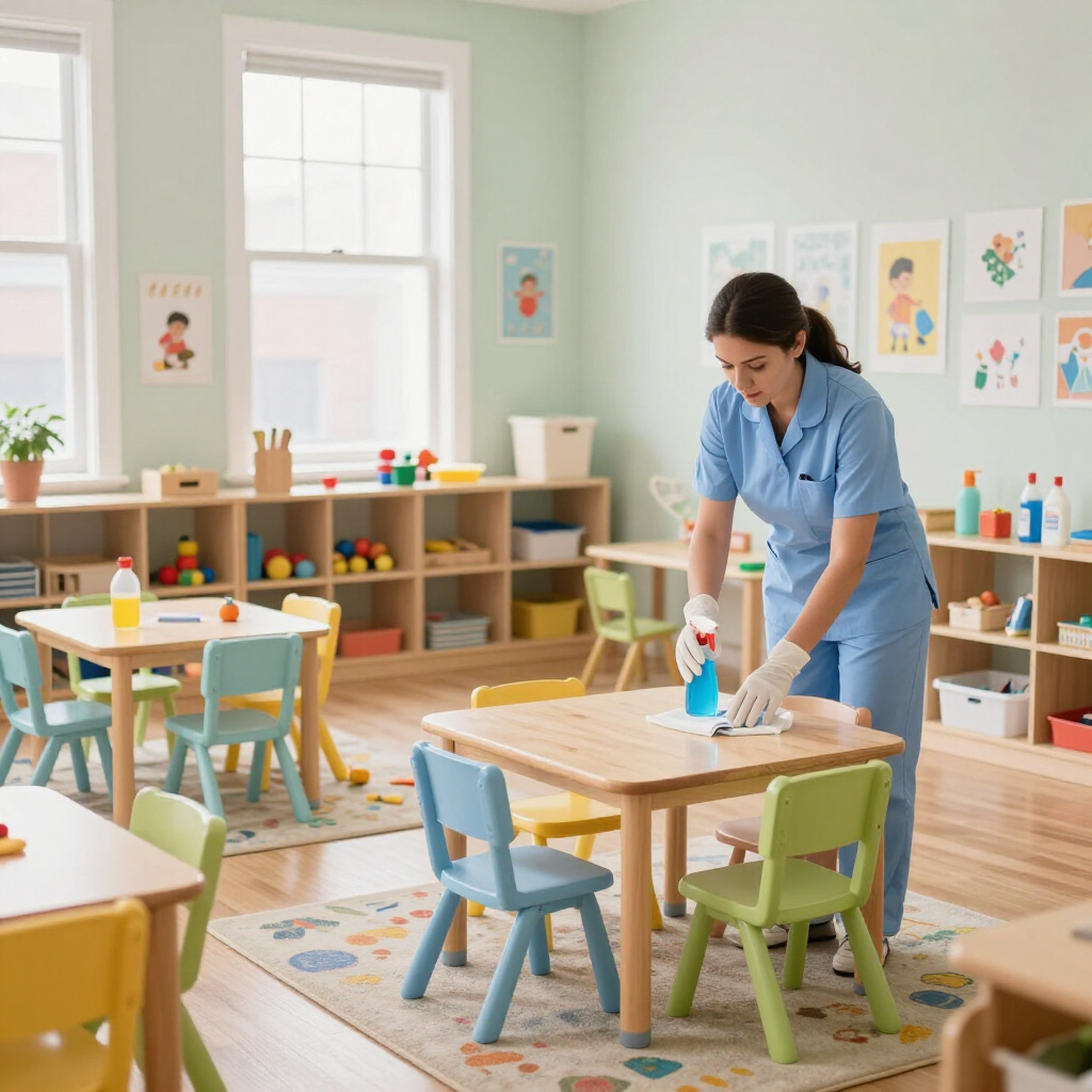 Teacher setting up a colorful classroom, arranging supplies on a table beside small chairs.
