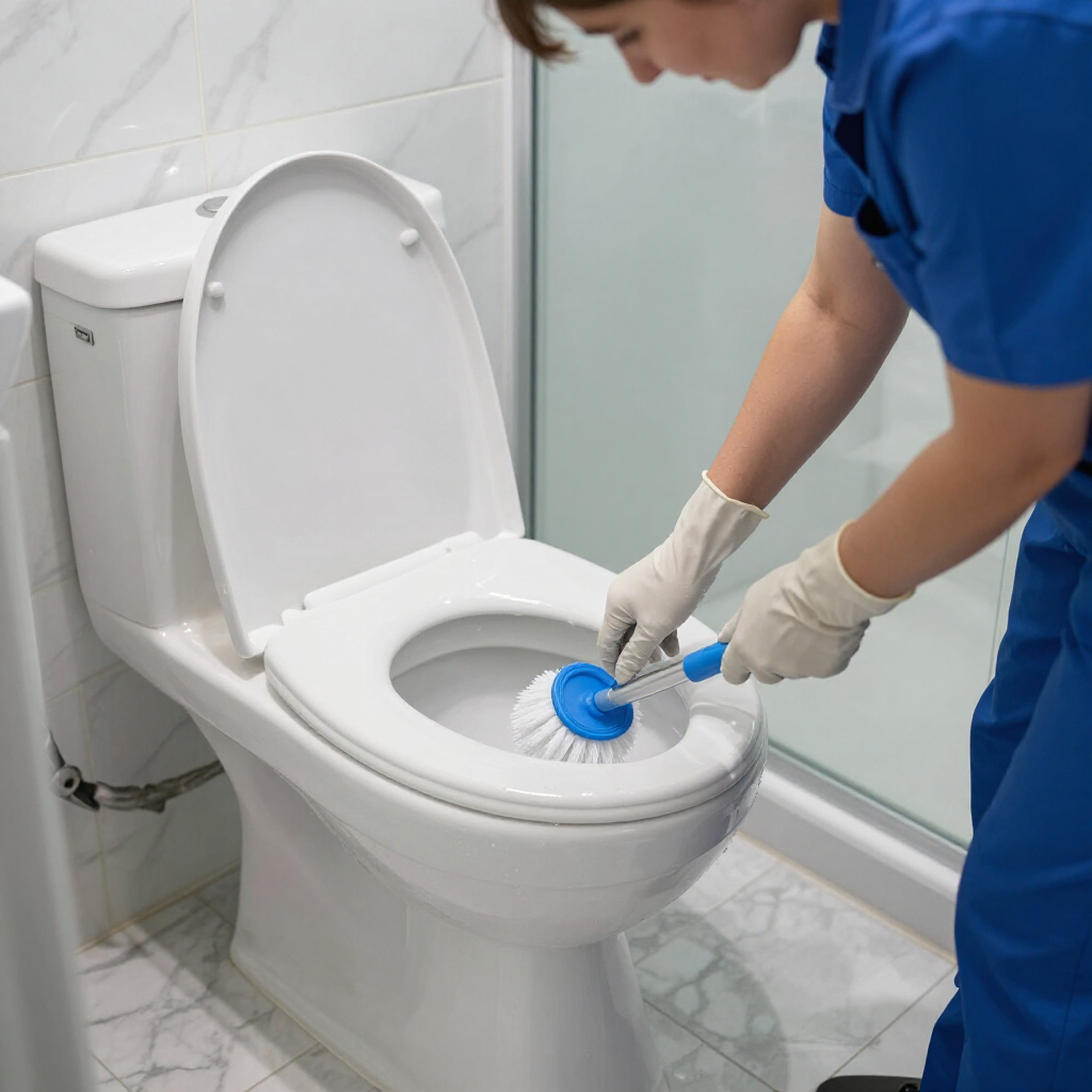 Gloved cleaner scrubbing a white toilet bowl in a bathroom with a blue brush