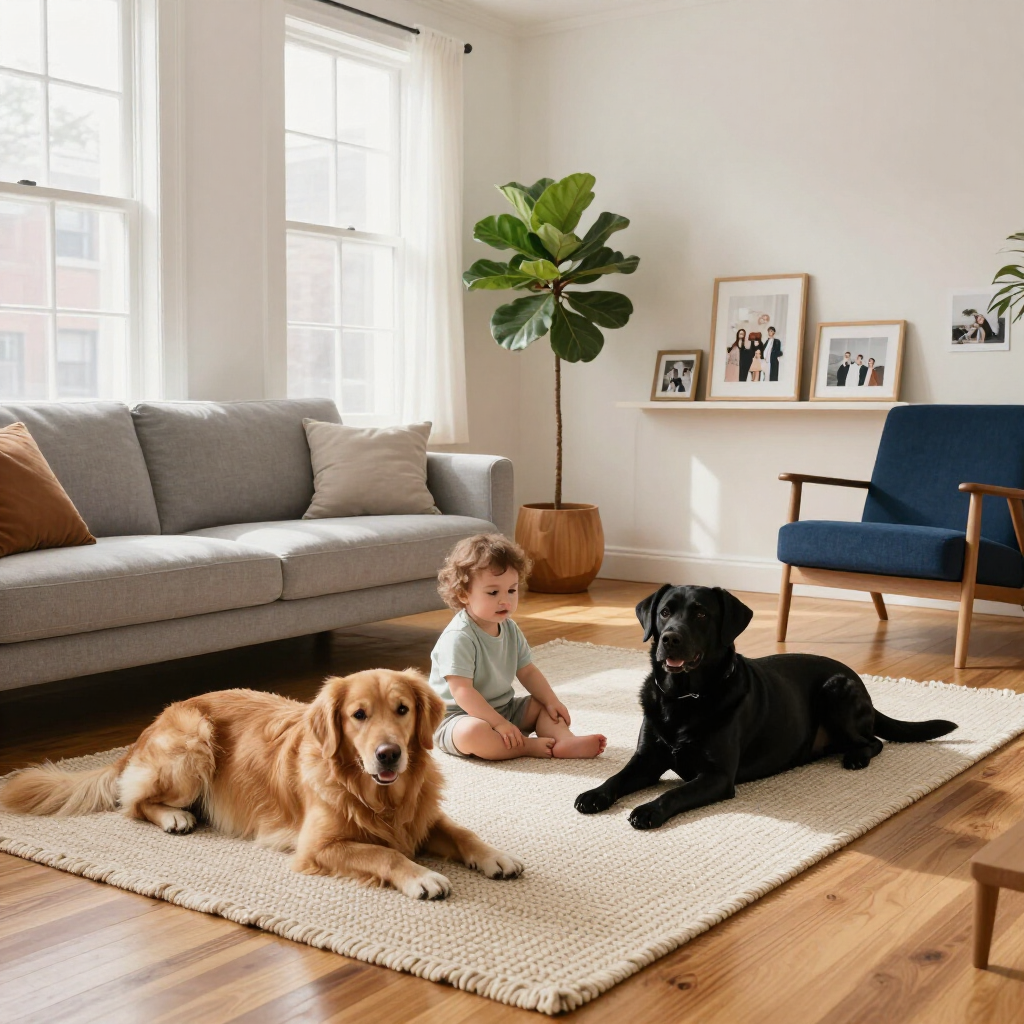 Toddler sitting on a rug between two dogs in a bright living room