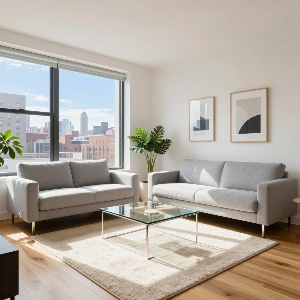 Bright modern living room with two gray sofas, glass coffee table, rug, and city view through large windows