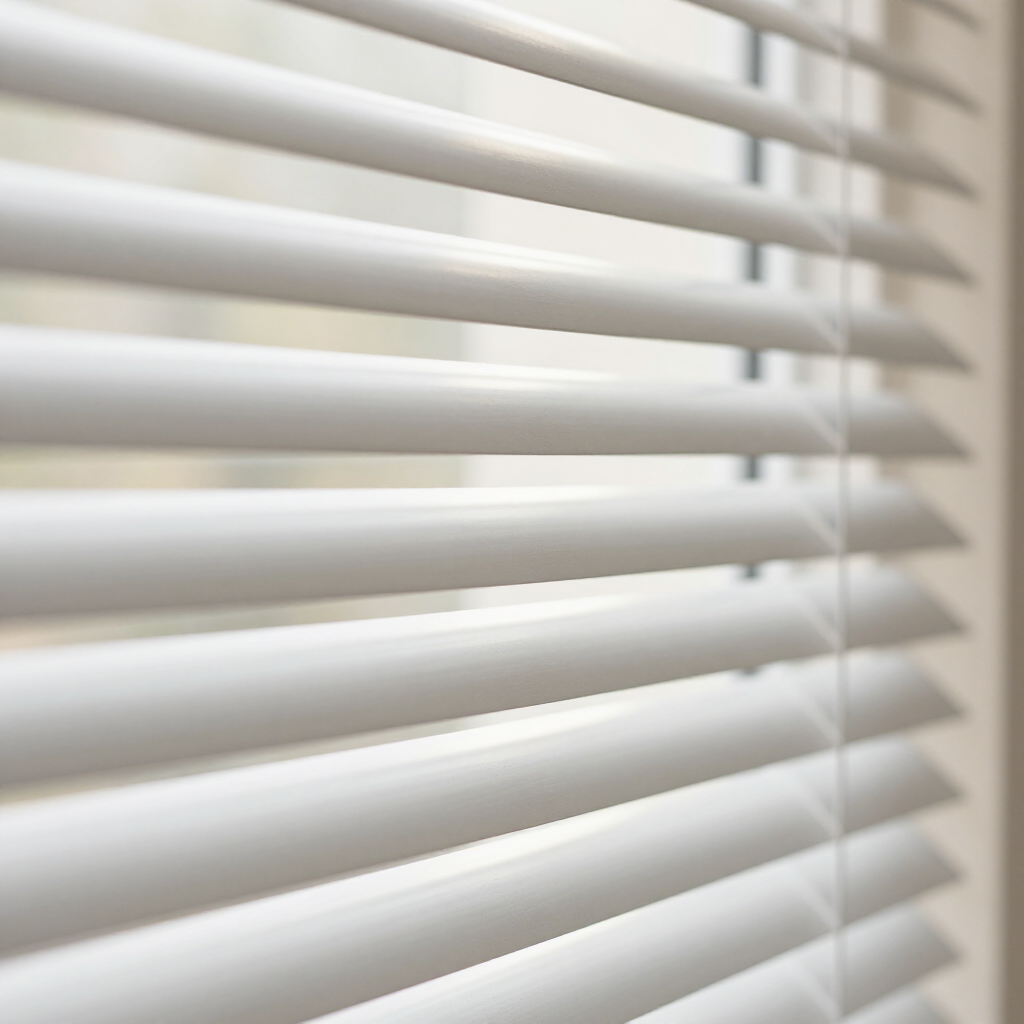 White window blinds with sunlight filtering through slats