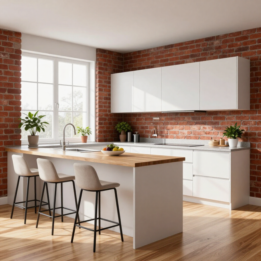 Bright modern kitchen with brick walls, white cabinets, island stools, and large window light