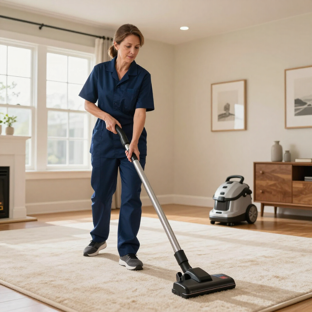 Person vacuuming a cream rug in a bright living room with a canister vacuum nearby
