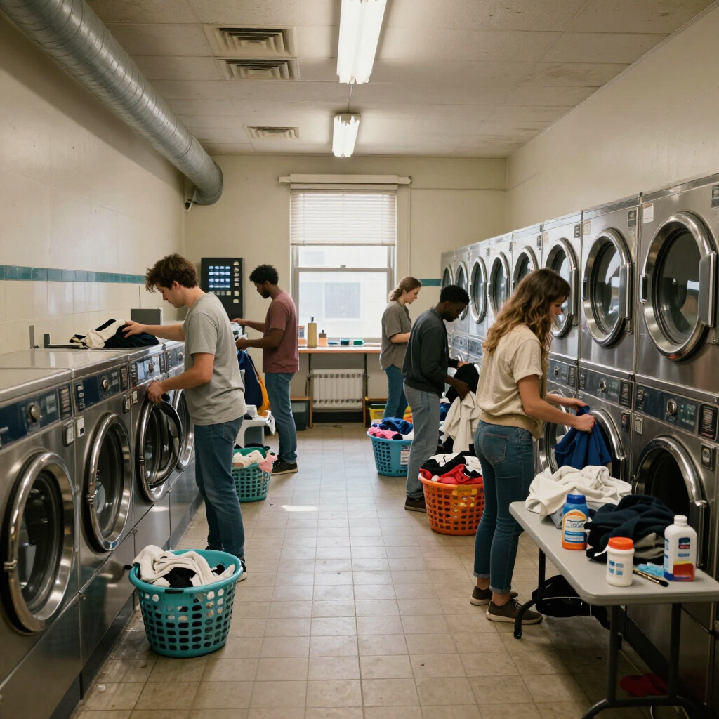 People doing laundry in a bright laundromat with rows of washing machines and baskets of clothes.
