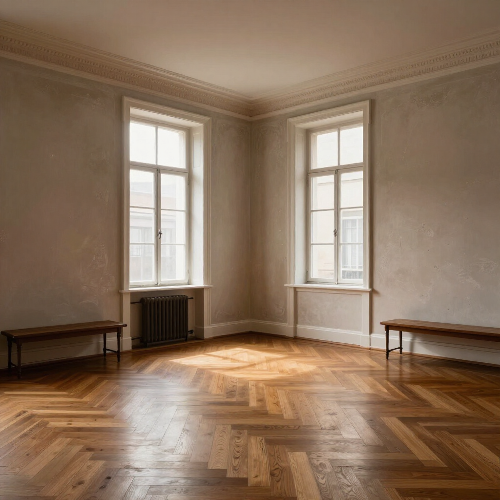 Empty sunlit room with herringbone wood floors, two tall windows, and benches along the walls