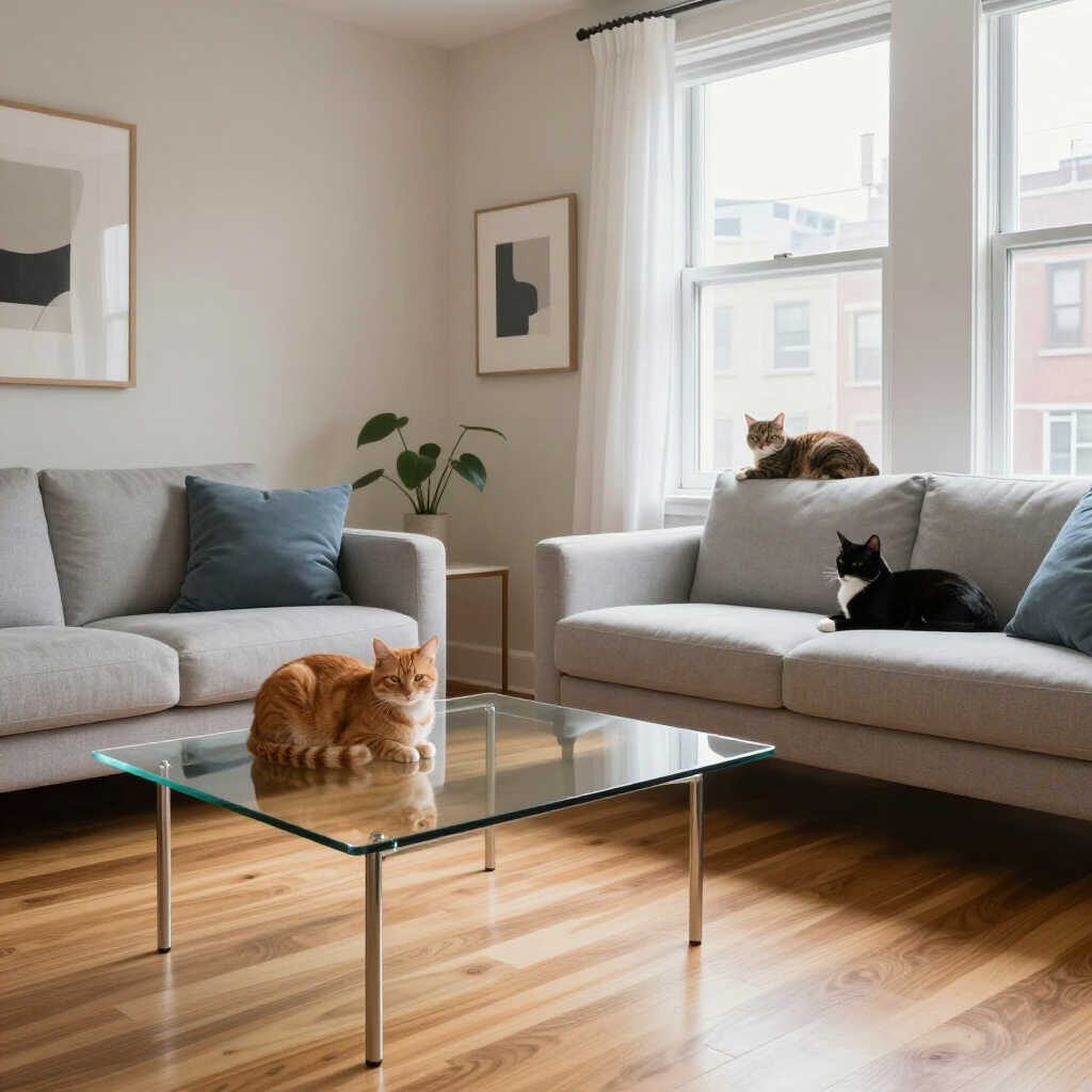 Modern living room with two gray sofas, glass coffee table, and two cats by a sunlit window