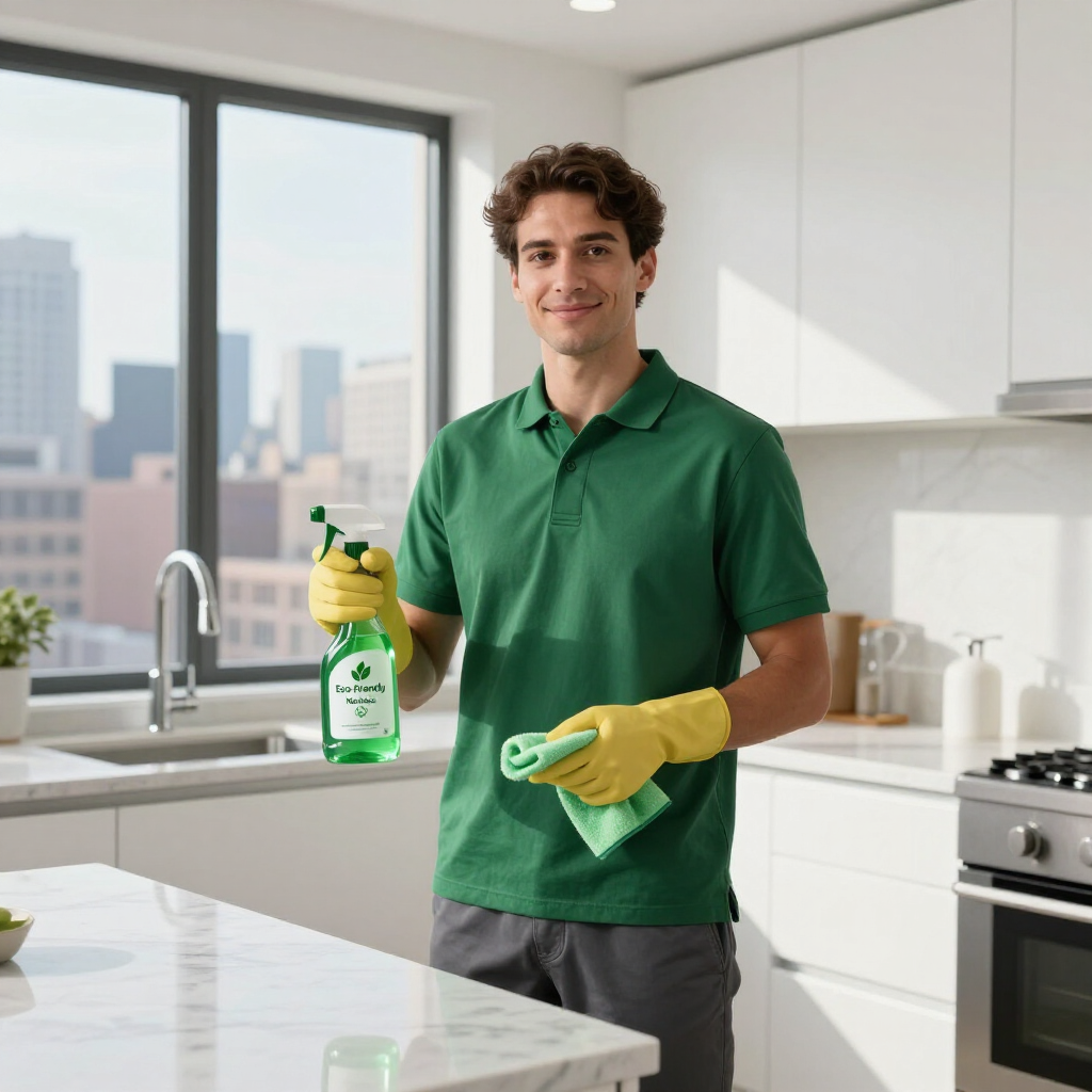 Person in a green shirt and yellow gloves holding a cleaning spray and cloth in a bright kitchen