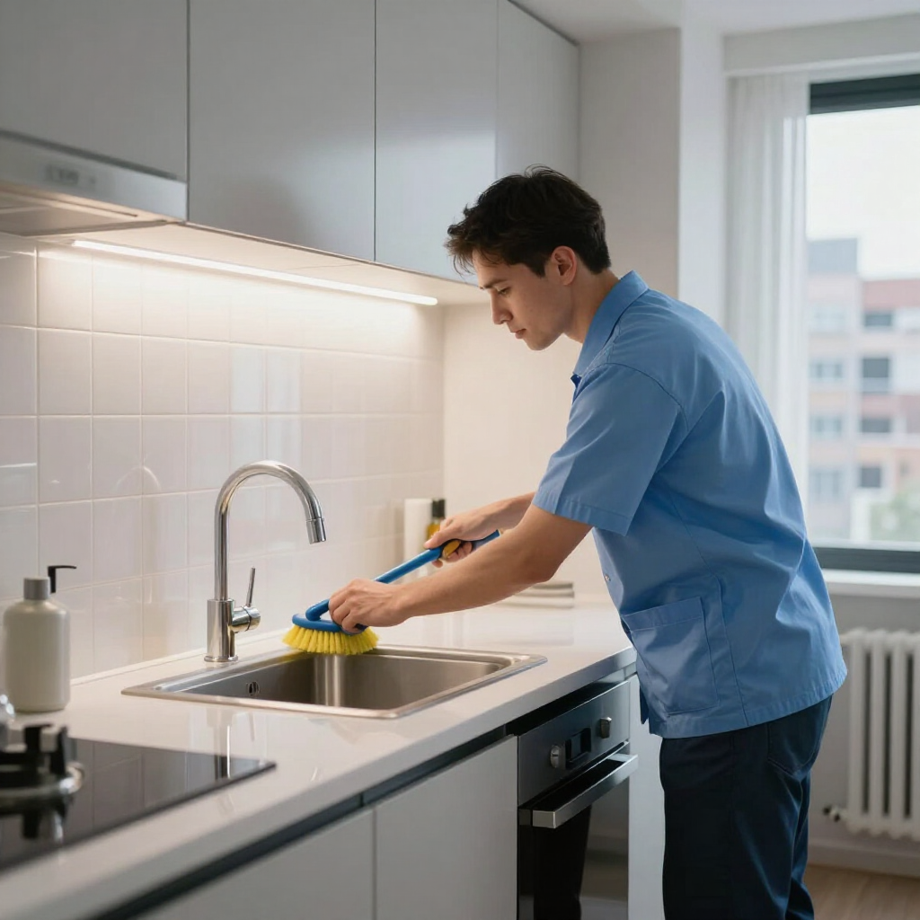 Person in blue uniform washing dishes at a kitchen sink in a modern white kitchen