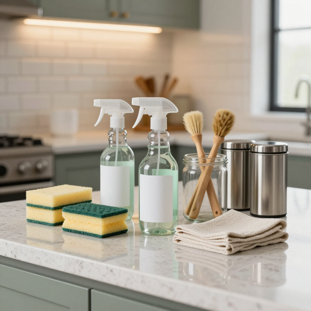 Kitchen counter with cleaning supplies, sponges, scrub brushes, towels, and a trash can