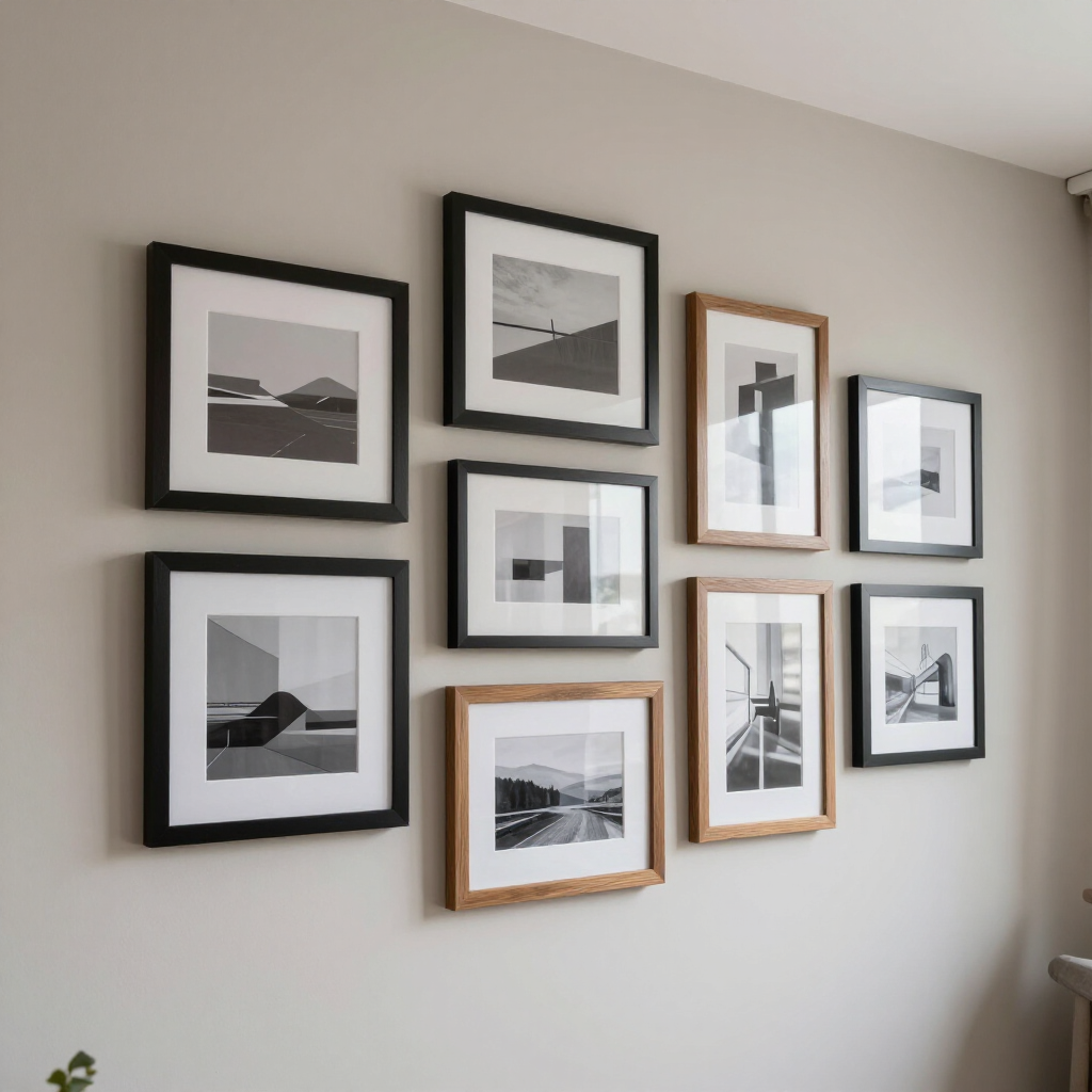 Wall gallery of eight framed black-and-white photos and sketches on a light gray wall