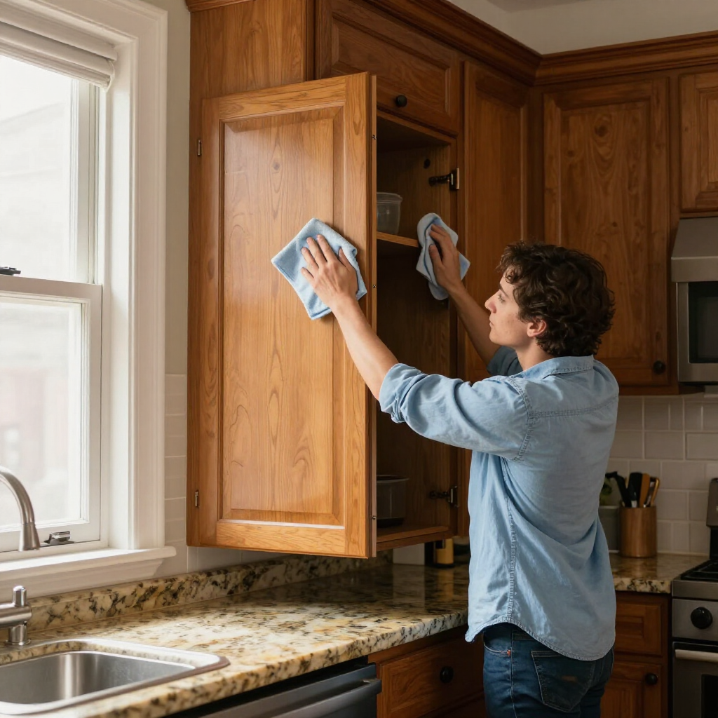 Person cleaning wooden kitchen cabinet doors with cloths near a window and sink