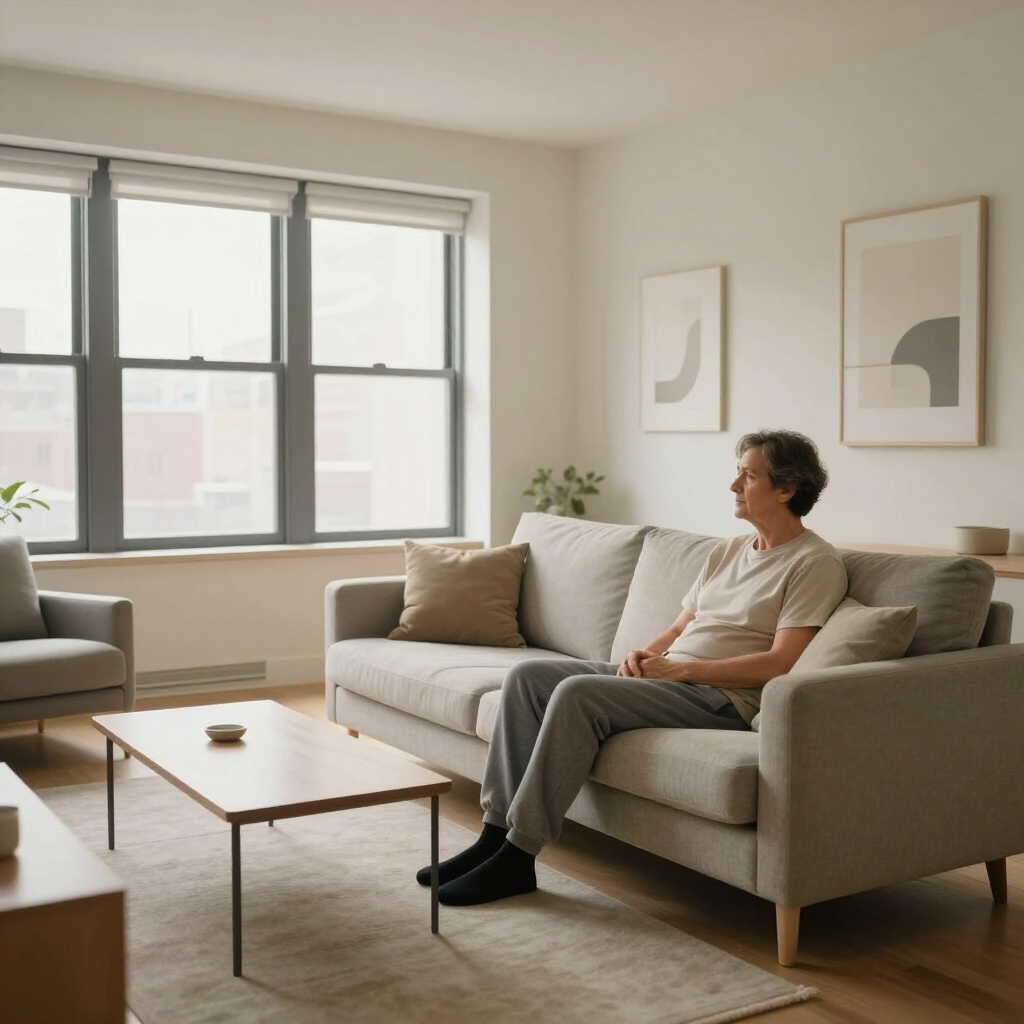 Person sitting on a beige sofa in a bright living room with large windows and a coffee table.