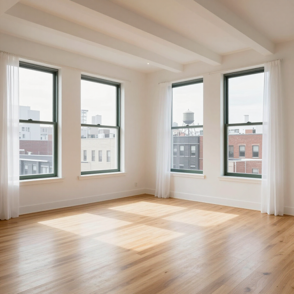 Bright empty room with hardwood floors, white walls, and large sunlit windows overlooking nearby buildings