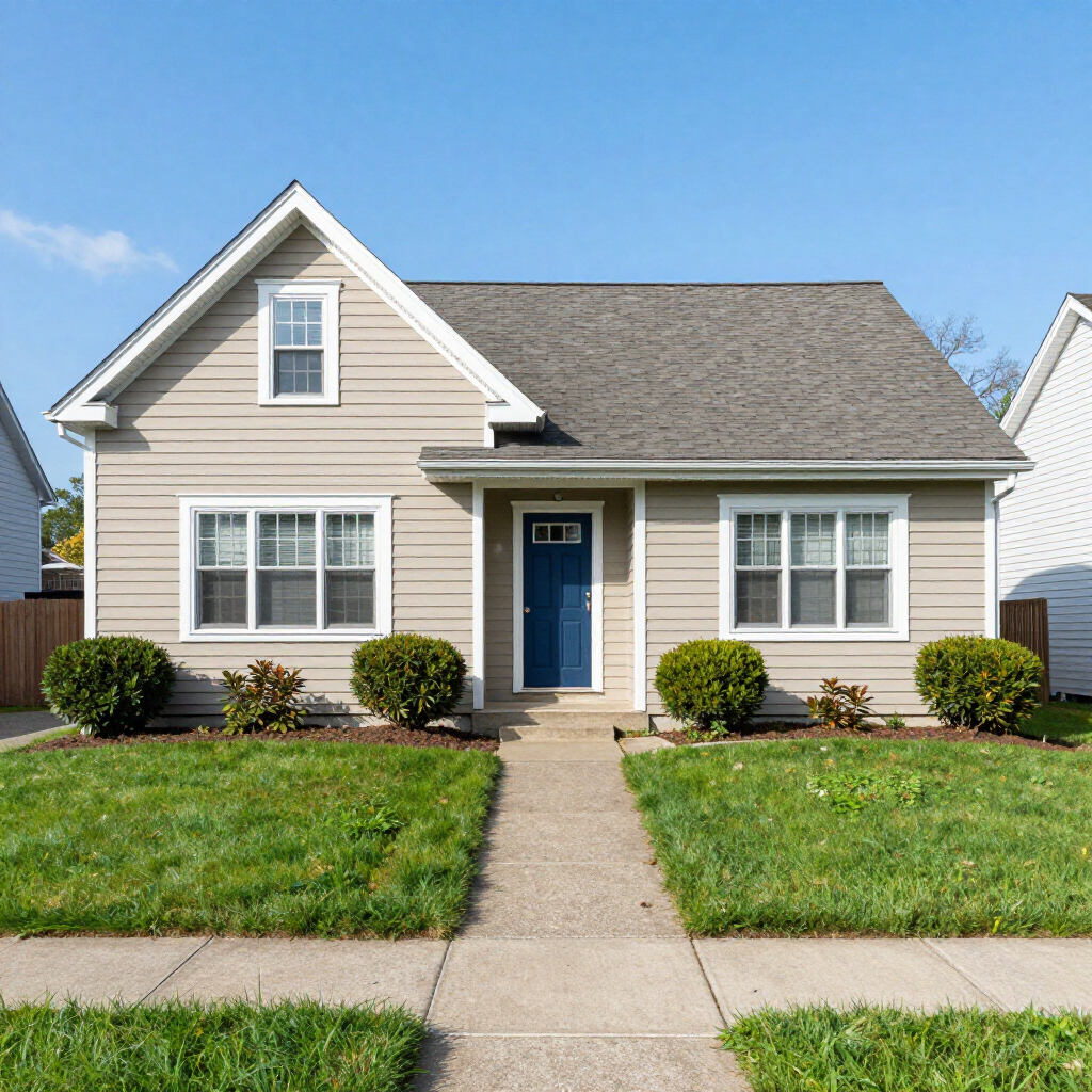 Suburban beige house with blue front door, white trim, and a front lawn with a concrete walkway