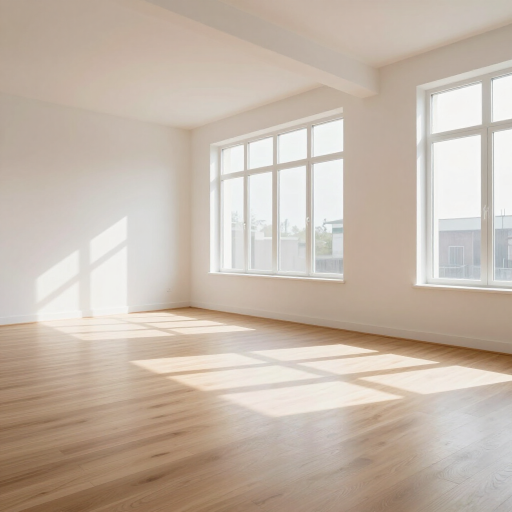 Bright empty room with large windows, white walls, and sunlight on wooden floors