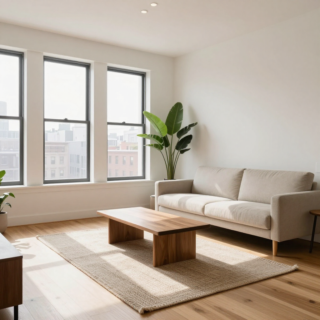 Sunlit minimalist living room with beige sofa, wooden coffee table, rug, and large windows
