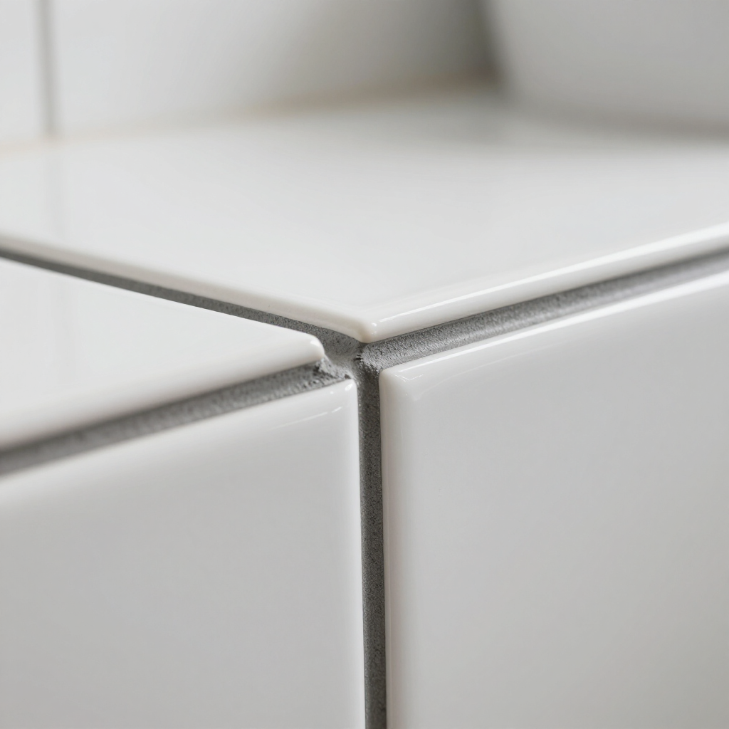 Close-up of white tiled corner with gray grout lines and slight edge gap