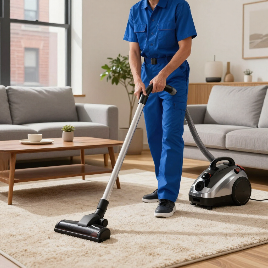 Person vacuuming a beige rug in a living room with a canister vacuum.