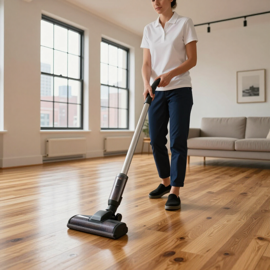 Person vacuuming a hardwood floor in a bright living room