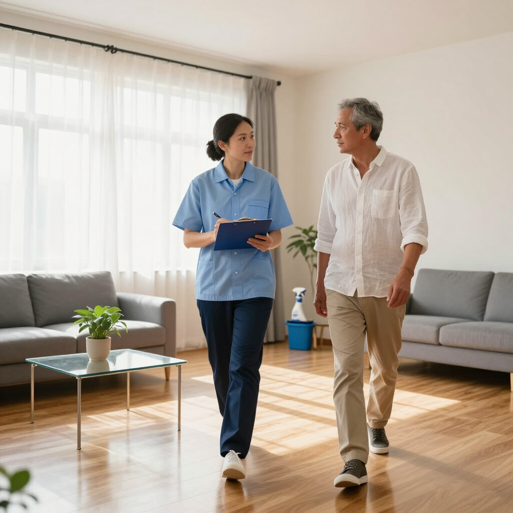 Two people talking in a bright living room with sofas, a coffee table, and large windows.