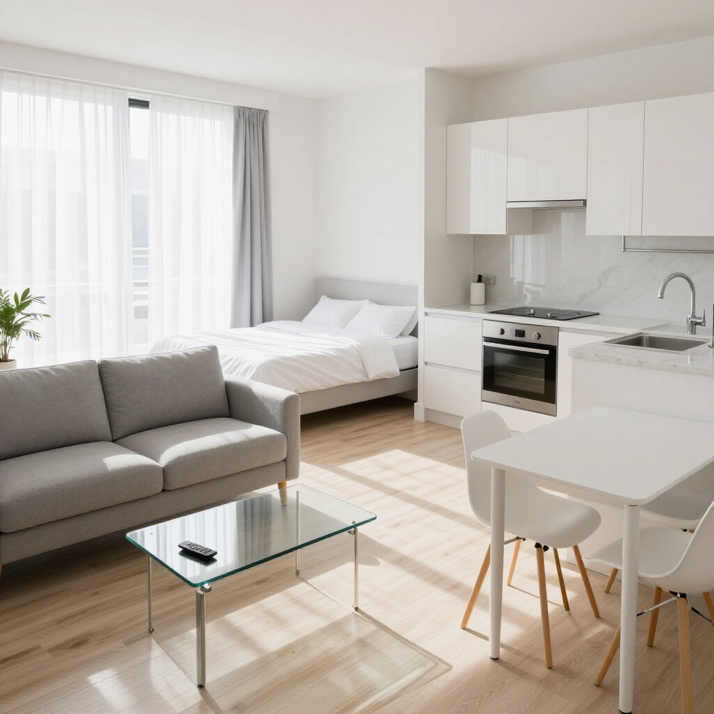 Bright modern studio apartment with gray sofa, bed, white kitchen, and dining table in sunlight
