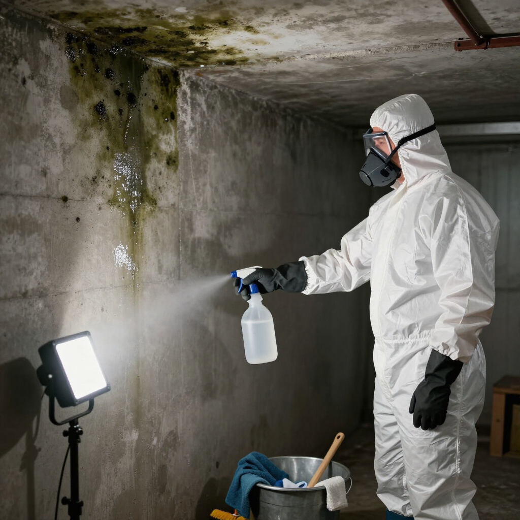 Person in protective suit spraying disinfectant in a damp basement with a work light.
