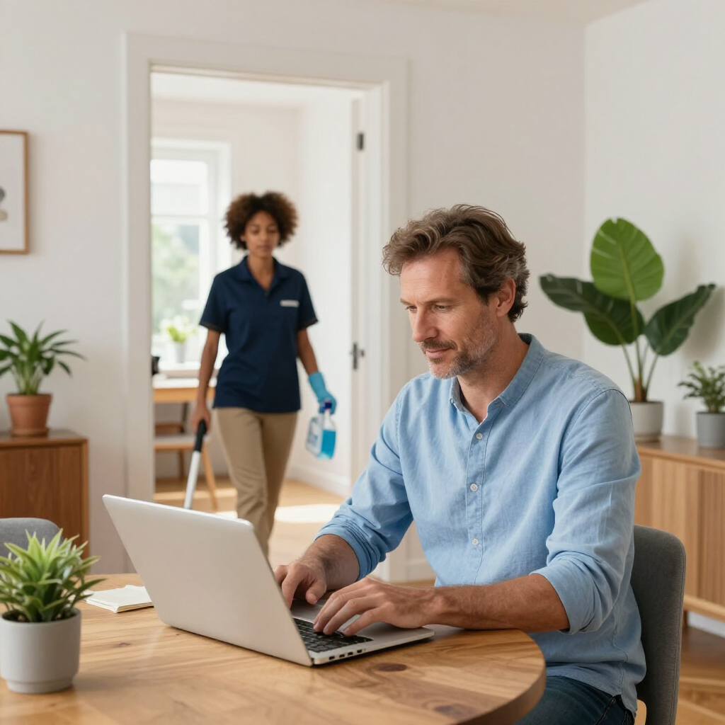 Man typing on a laptop at a wooden table while a cleaner walks in through the doorway of a bright office.